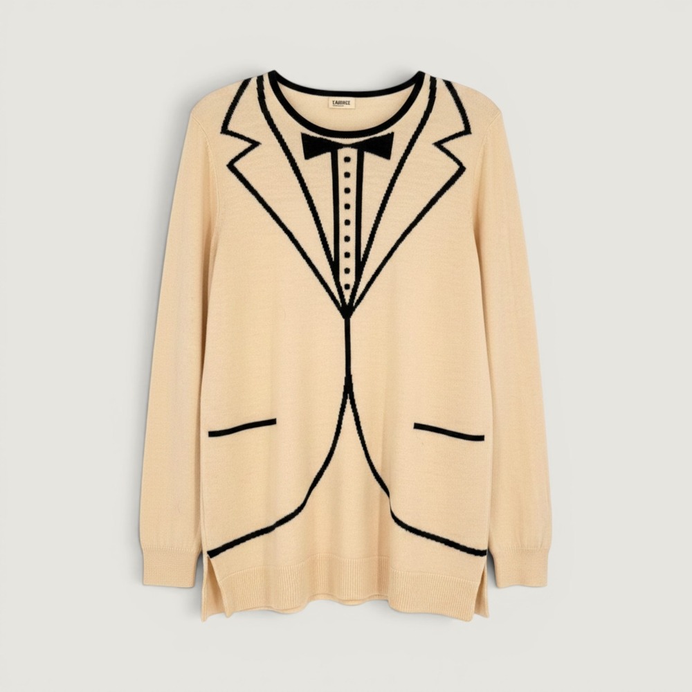 L'AGENCE‎ Tuxedo Print Trompe L'oeil Merino Wool Sweater Cream Black Crew Neck S